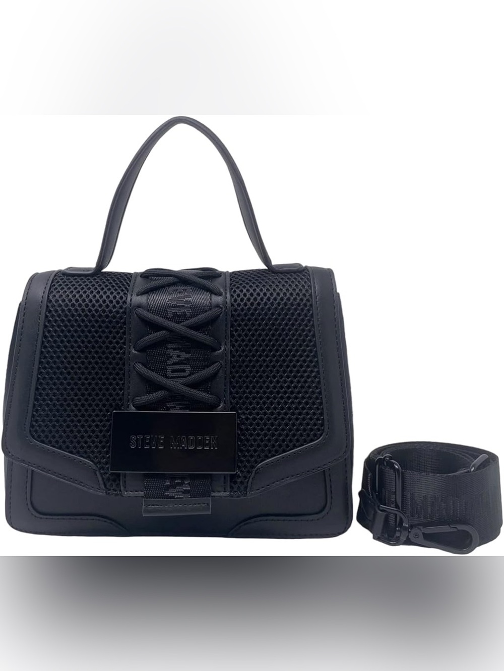 Steve Madden Black Mesh Satchel with Lace-Up Accent